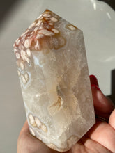 Load image into Gallery viewer, White &amp; Pink Flower Agate Tower with Rainbows
