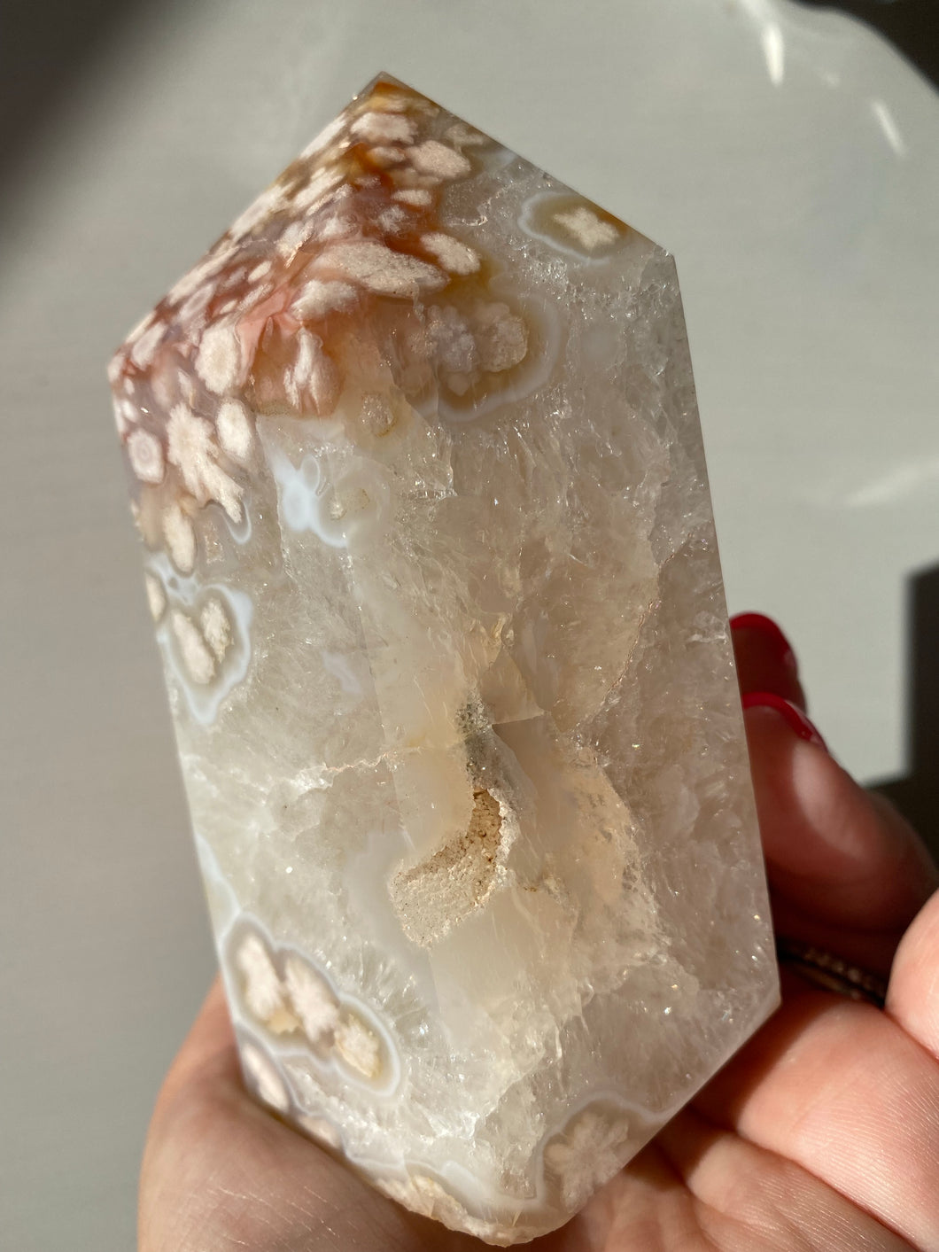 White & Pink Flower Agate Tower with Rainbows