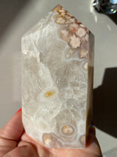 Load image into Gallery viewer, White &amp; Pink Flower Agate Tower with Rainbows
